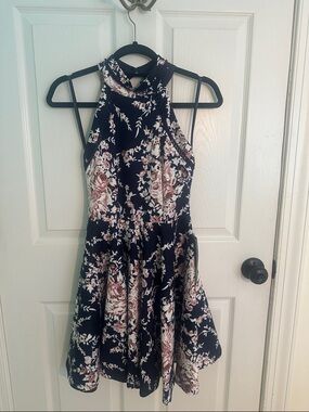 NWT Macy's Navy Halter Floral Mini Dress with Blush Roses